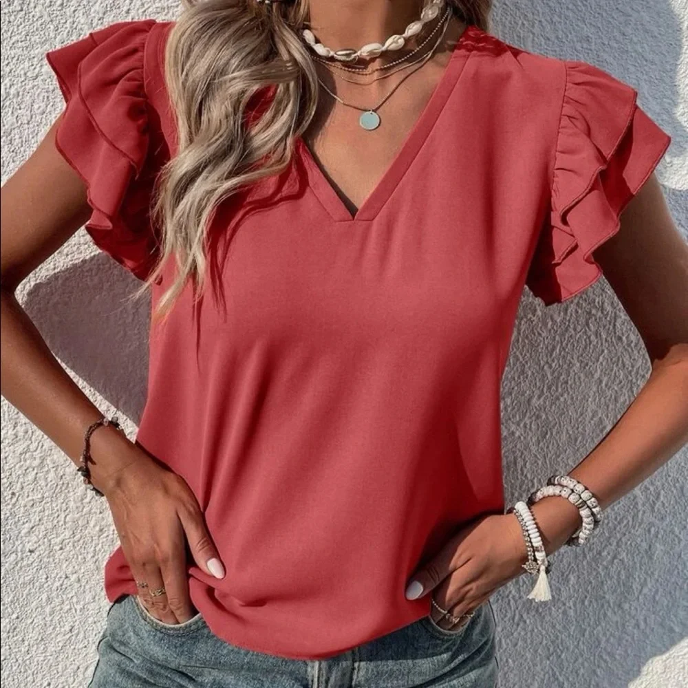Elegant Classy Red Tiered Ruffle Butterfly Sleeve Top Blouse - Picture 11 of 11